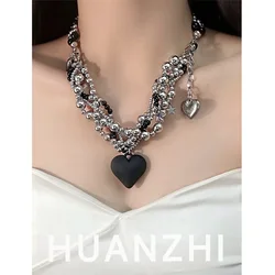 HUANZHI Silver Color Beaded Black Heart Necklace Punk Hip-hop Heavy Duty Collarbone Chain Exaggerated Jewelry for Women Men New