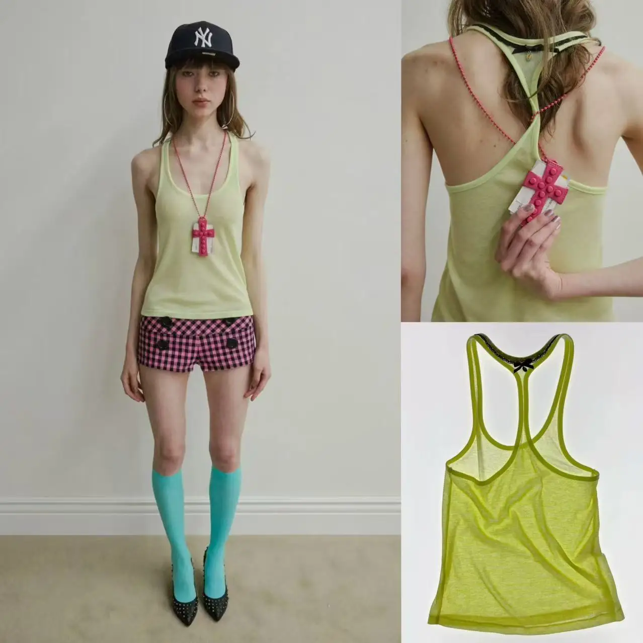 Honey Back to 2000s 「A Staple Piece」Y2K Sheer Tank Top with a Clever Design on the Back.
