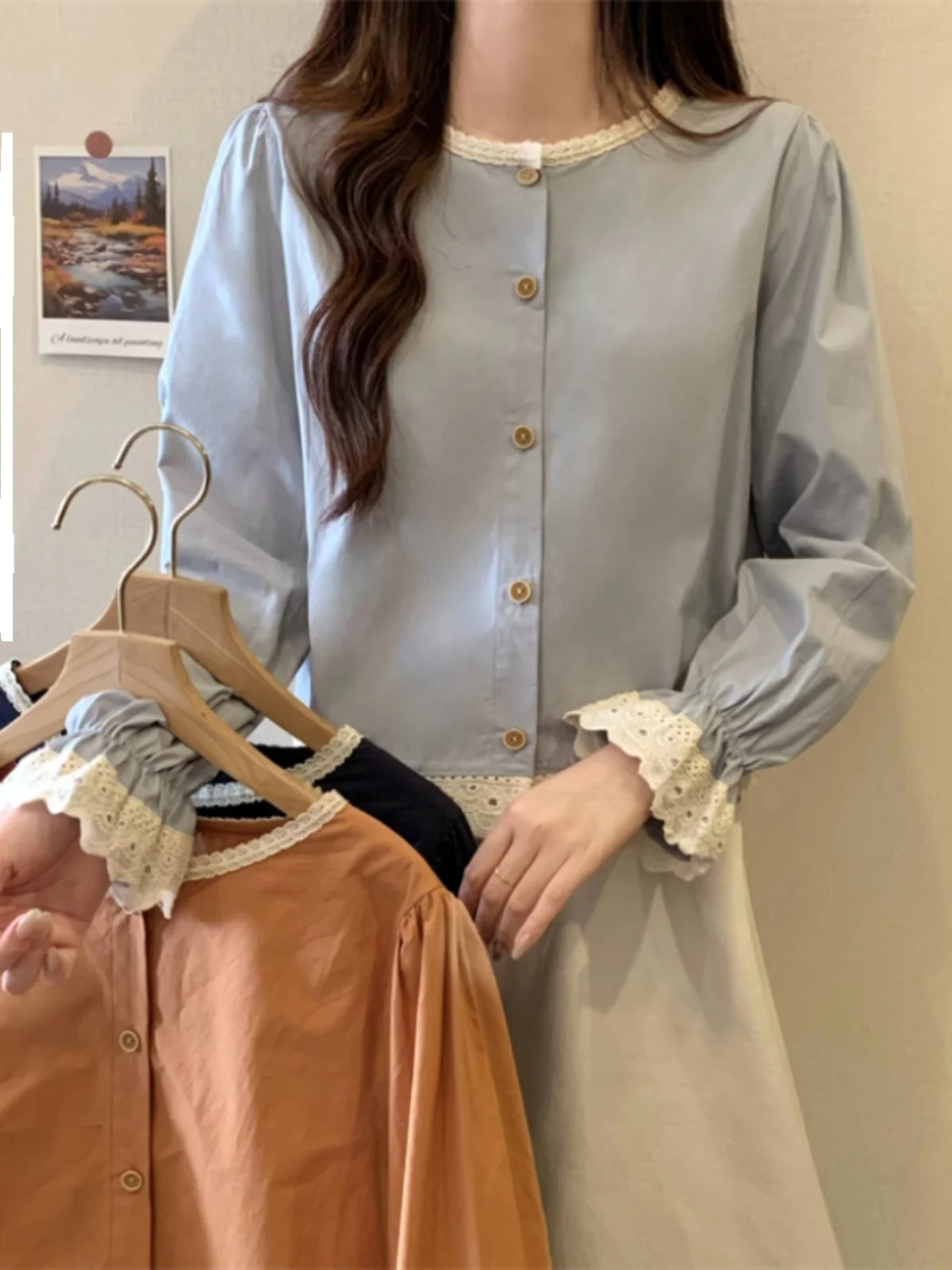 

Sweet Lace Splicing irt Women's Spring Autumn Loose ort Version Doll Top Bell Sve Long Sve round Ne Color P...