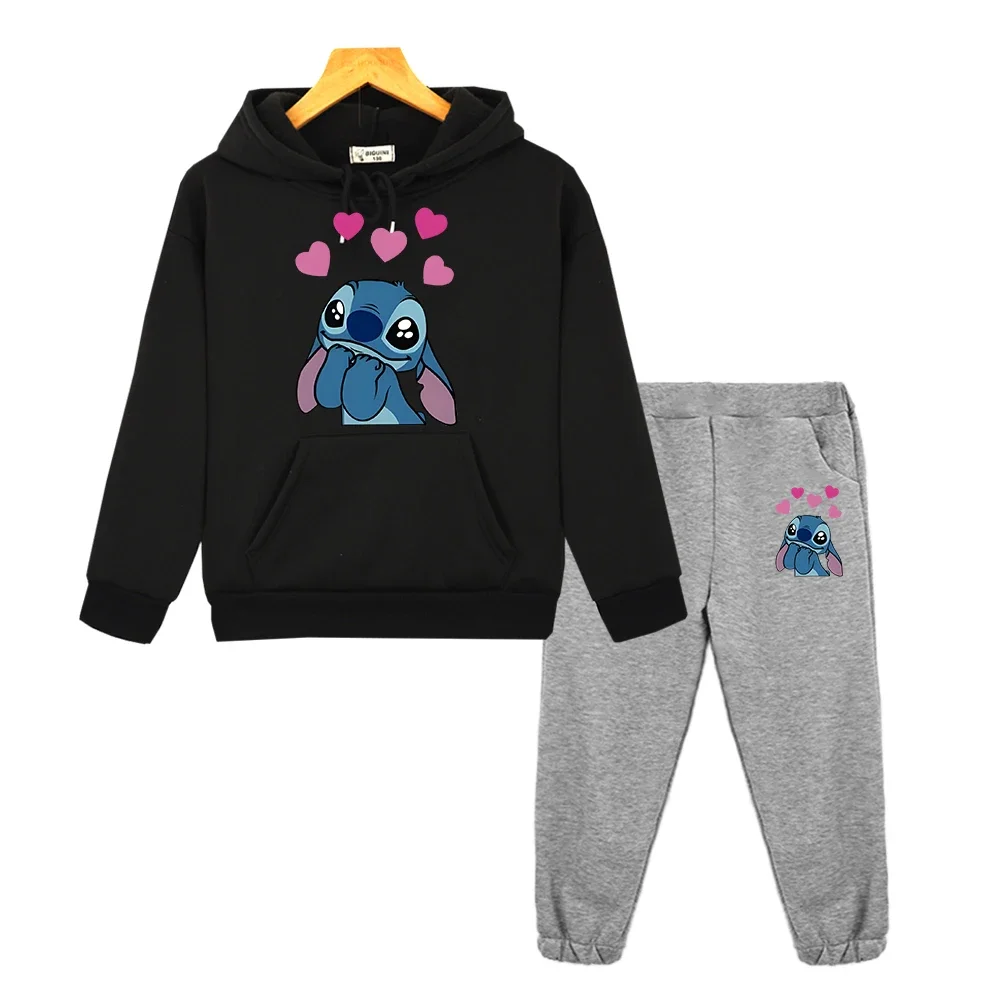 Stitch Disney kids boutique clothes Anime hoodie 2pcs pullover+pants Casual sweatshirt Fleece Jacket disney boy girl Hooded Sets