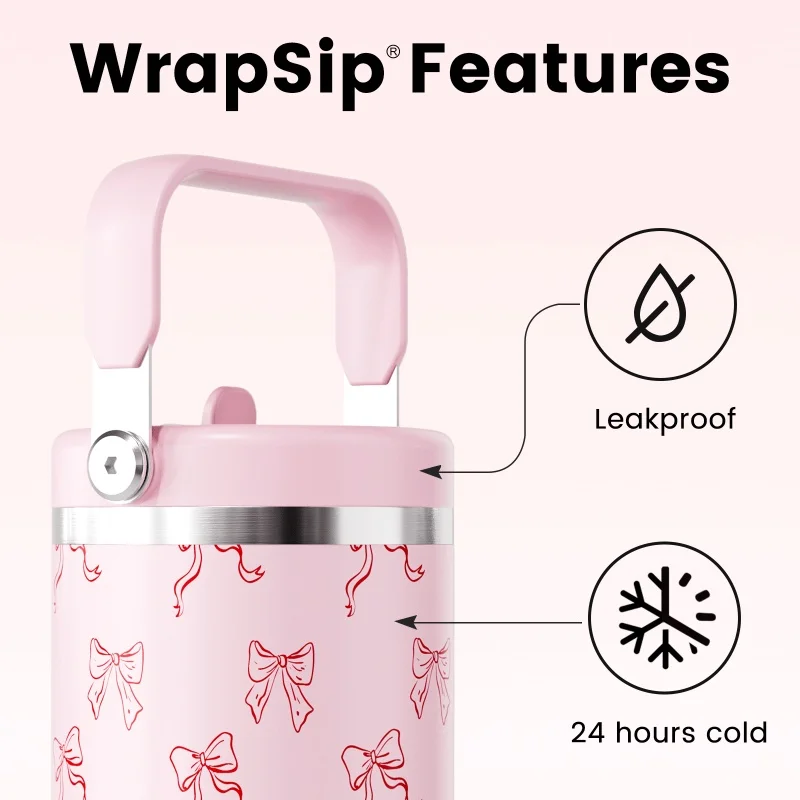Fjbottle 40oz Silk Ribbon Tumbler 304 Stainless Steel Thermos Cup with Flip Straw Lid＆Handle Portable Cold Drinking Mug Car Cup