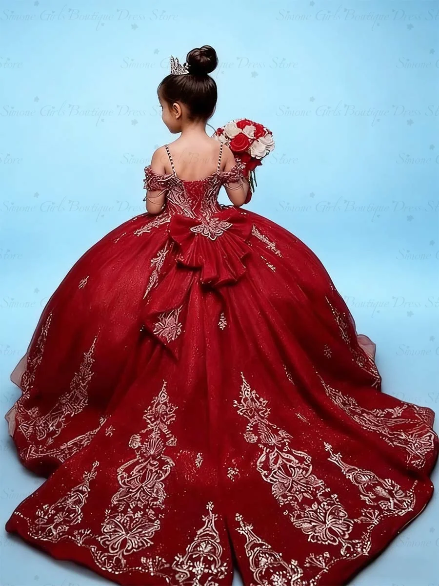 Customized Red Lace Appliques Flower Girl Dresses for Wedding With Train Bow Floor Length Birthday Party First Communion Gowns image 2