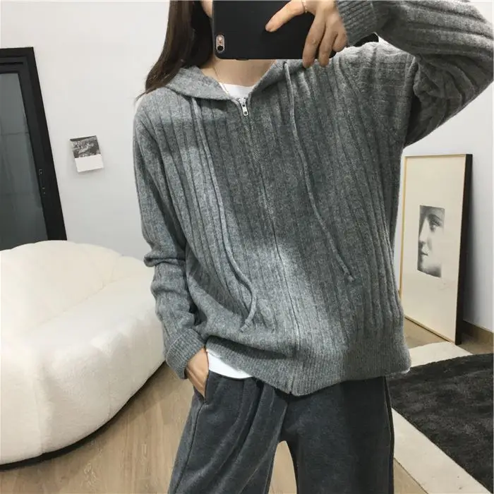 Fashionable Zipper Hooded Cardigan Sweater Women's Loose New Style Knit Open Jacket Coat 2024 New Fashion Top