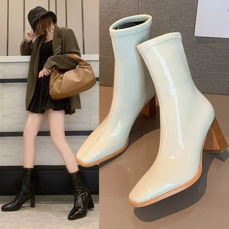 Women Patent Leather White Ankle Boots Women Autumn Fashion Slip on High Heels Boot Woman Pointed Toe Thick Heeled Short Booties