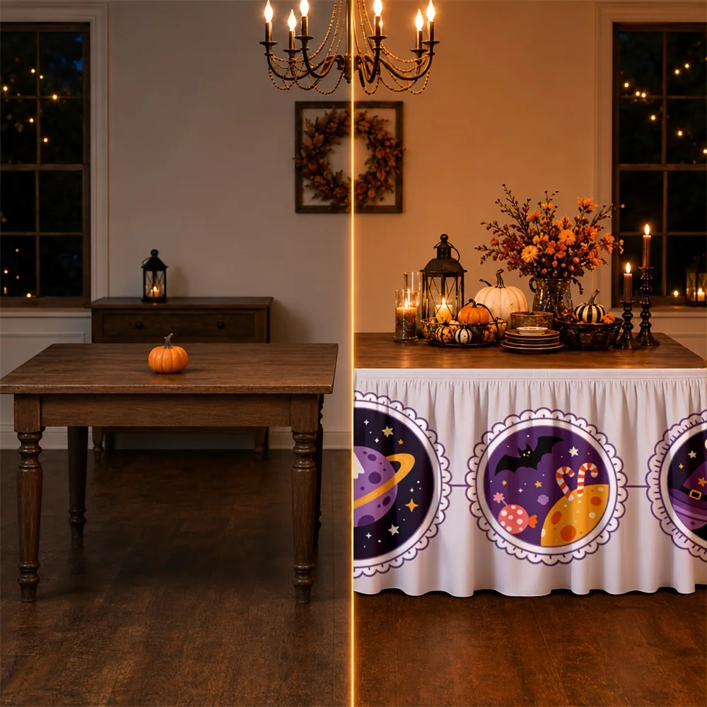 One table skirt. Halloween space-themed table skirt with whimsical printed polyester depicting an imaginative universe.