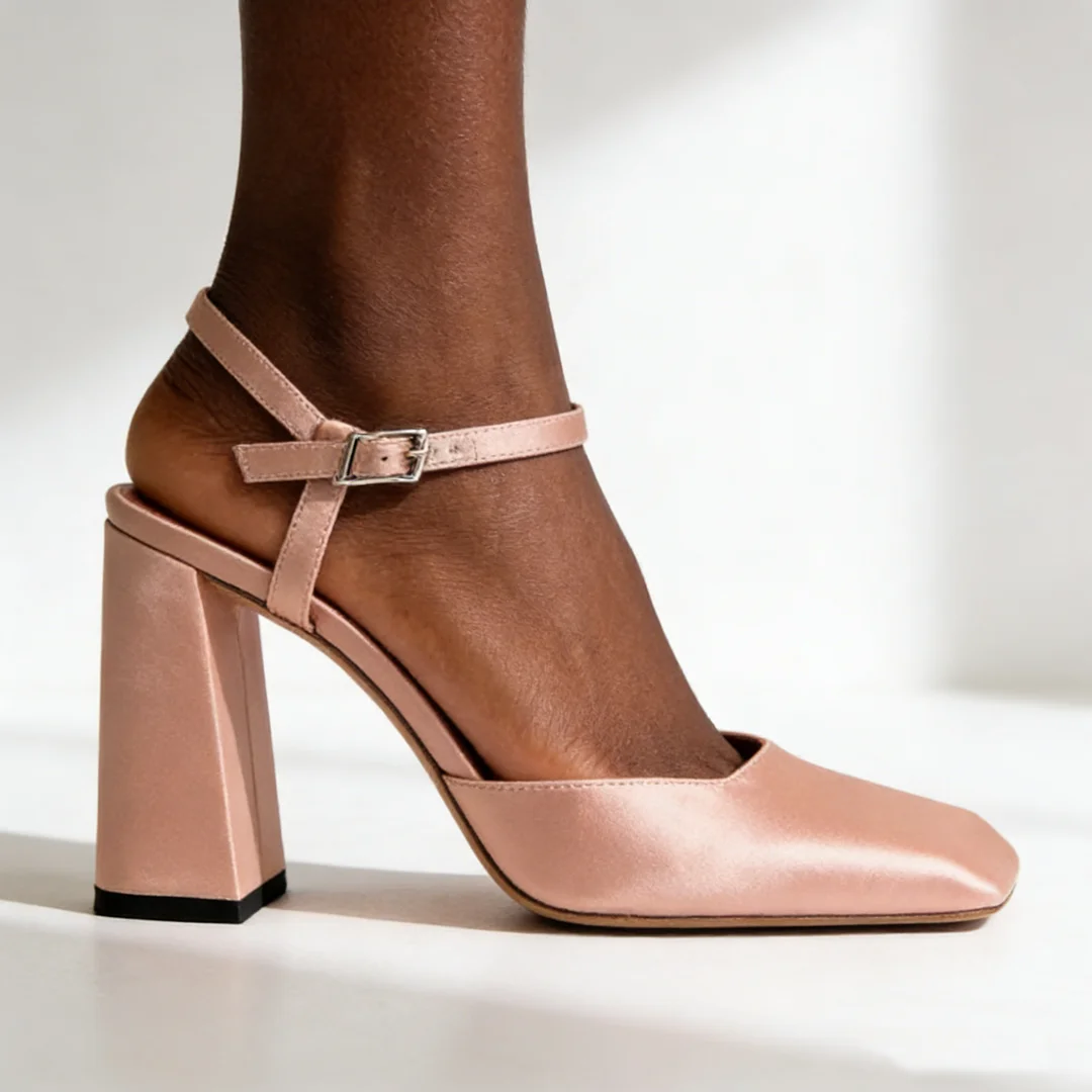 

Women's Satin Block Heel Pumps Ankle Strap Square Toe Slingback Sandals Pink Nude Elegant Dress Shoes Party Wedding Size 35-44