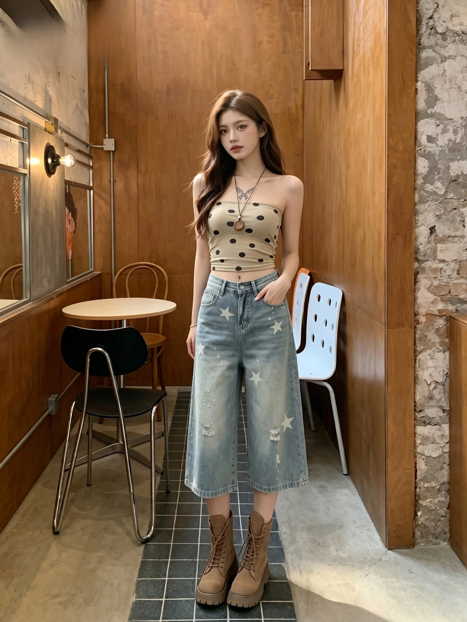 

High Waist American Retro Blue Jeans Women's Summer Loose Slim Wide Leg Seven-Foot Pants Casual Style Cotton Blend Denim