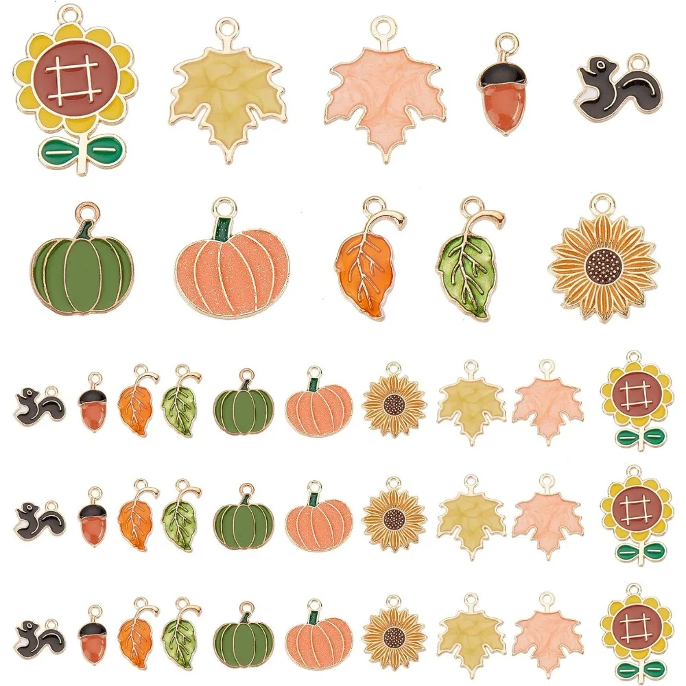 1 Box 40Pcs Thanksgiving Charms Maple Leaf Charms Bulk Autumn Fall Assorted Enamel Sunflowers Leaves Pumpkin Charm Squirrel