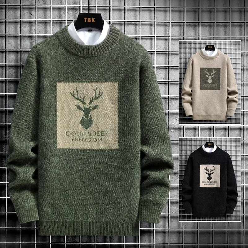 2024 Autumn Vintage Sweaters Oversized Mens Knitted Sweater Men Deer Print Pullover Hip Hop Harajuku White Sweater Men