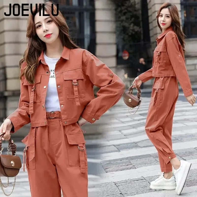 JOEVILU 2PCS Streetwear Tracksuit Cargo Coat Casual Pants 2 Piece Sets Women\'s Outfits Spring and Autumn Korean Fashion Y2k Suit