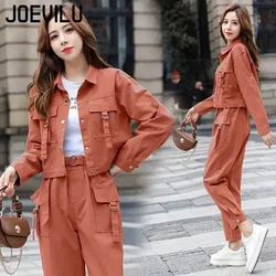 Bluza JOEVILU 2PCS Streetwear dres kurtka Cargo Casual spodnie 2-częściowe zestawy damskie stroje wiosna i jesień koreańska moda Y2k garnitur