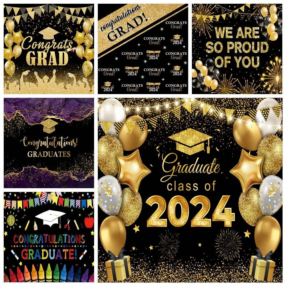 

Congradulations Graduation Backdrop Bachelor Cap Balloons Class of 2024 Gradulates Prom Party Photography Background Decor Props