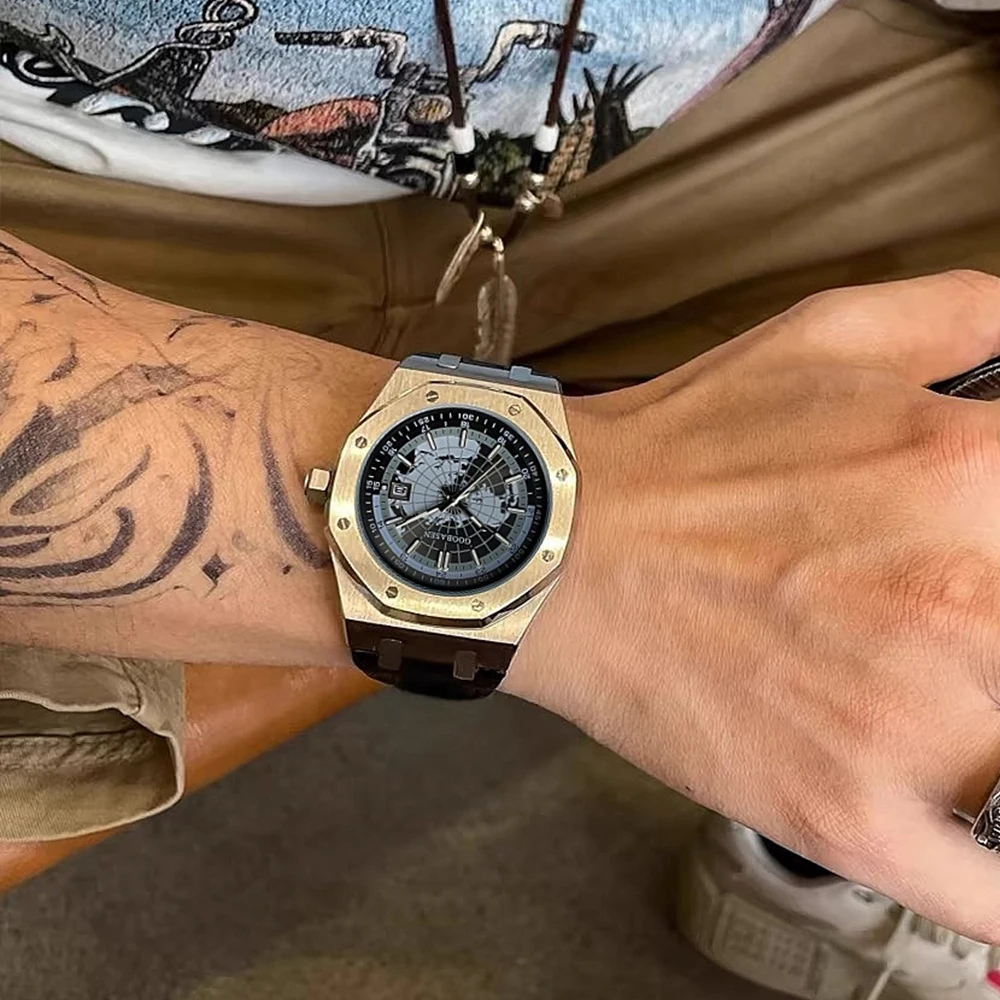 GOOBASEN montres pour hommes en acier fin planète bleue montre-bracelet à Quartz originale pour homme Imitation mouvement mécanique étanche Date