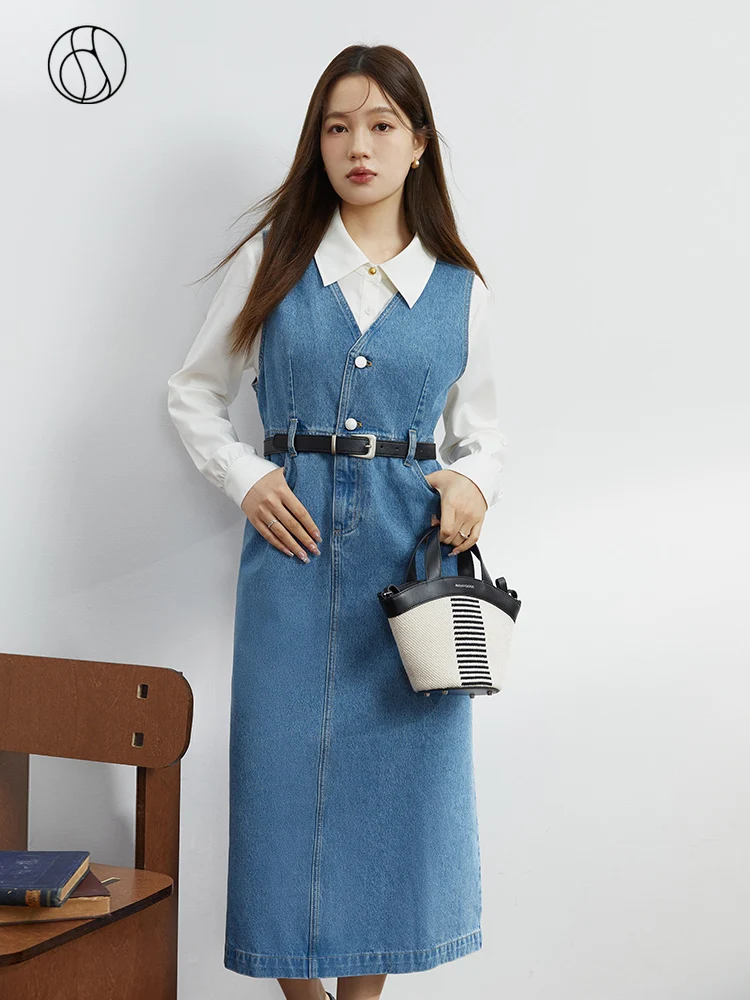 

DUSHU Retro Style Denim Vest Skirt for Women Autumn Niche Design V-neck High Waist 100% Cotton Denim Dress with Belt Female