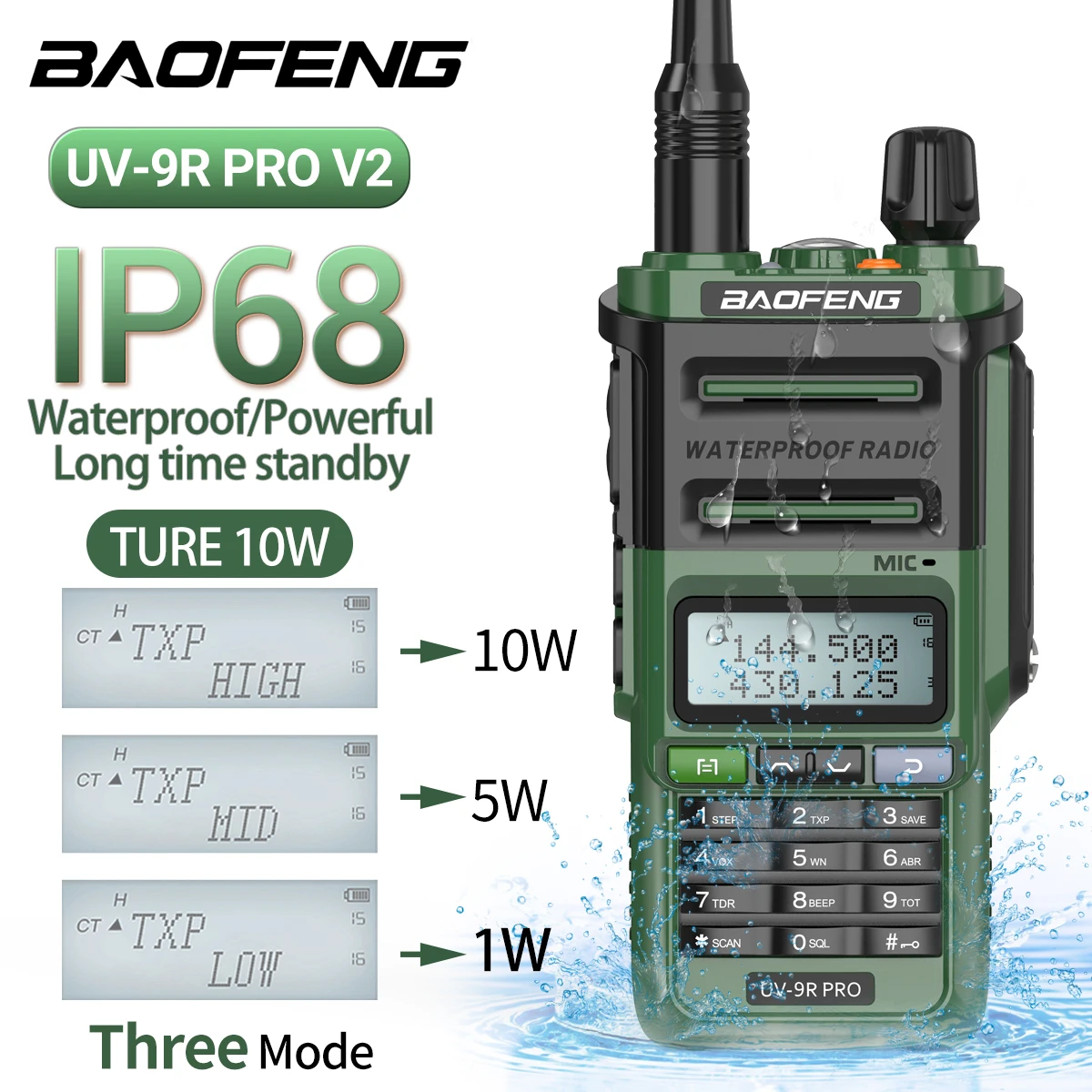 

Baofeng UV-9R Pro V2 IP68 Long Range Waterproof Walkie Talkie Upgrade Tri-power Ham CB Radio Dual Band UV-9RPRO Two Way Radio