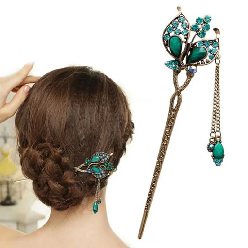 Women Elegant Hair Stick Butterfly Leaves Green Jade Classical Hairpin Barrette Accessories National Characteristics Headweard