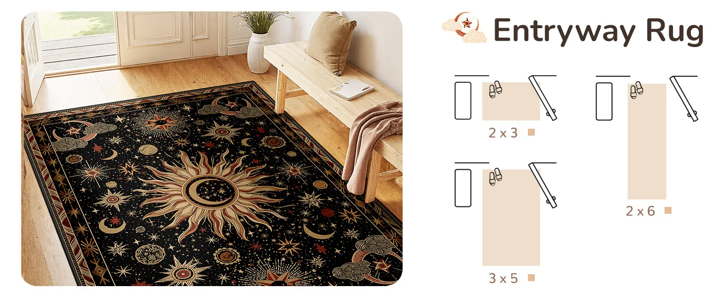 3x5 Waschbare Teppiche Staubsaugerfreundlich Rutschfester Teppich Vintage Boho Gothic Sonne-Mond-Muster Niedrigfloriger Teppich für Wohnzimmer – Detail 9