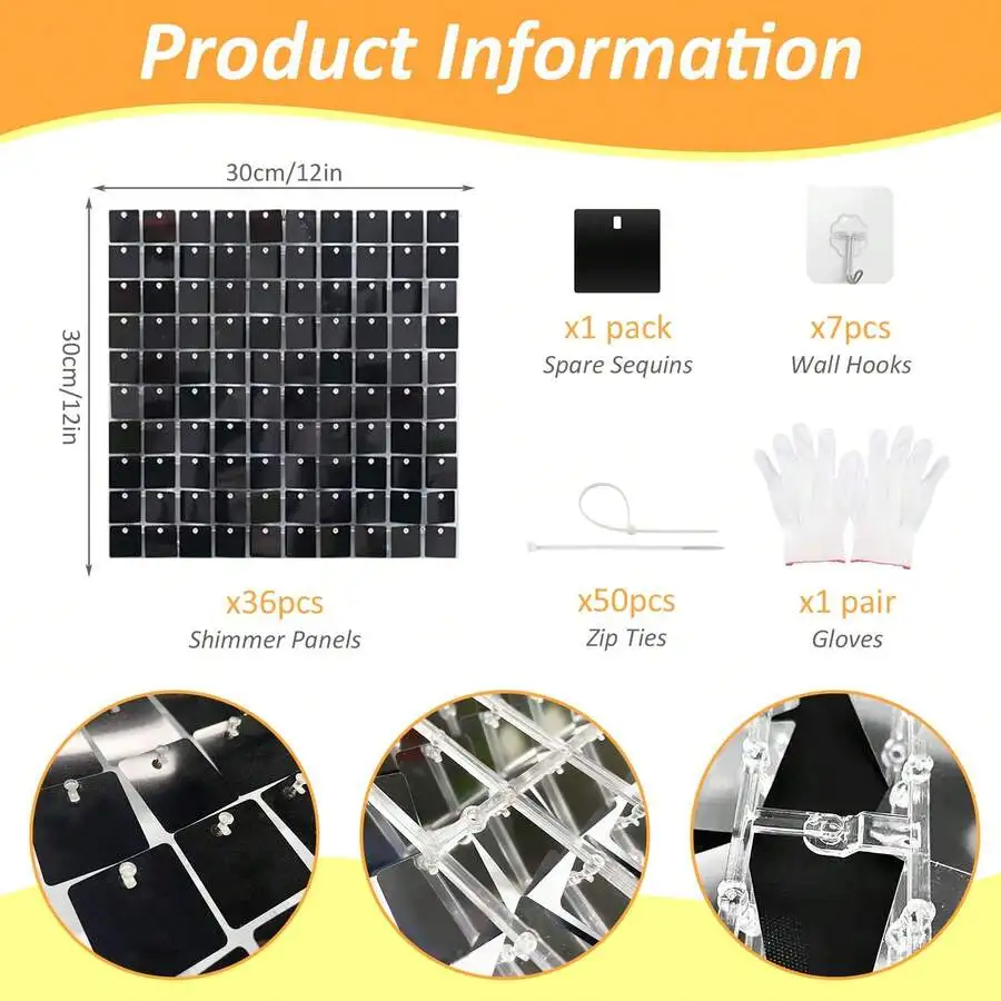 36/49PCS Black Sequin Backdrop Panel - DIY Square Shimmer Wall Decoration For Wedding, Birthday, Party, Graduation, Bachelorette, Anniversary - Photo Booth Backdrop
