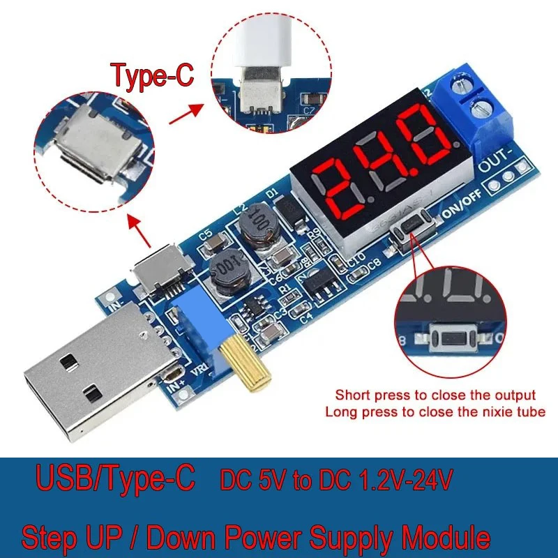 DC-DC Boost Buck Converter Module 5V-12V to 1.2V-24V Adjustable With Digital Display USB/Micro USB Input Low Power Supply Board
