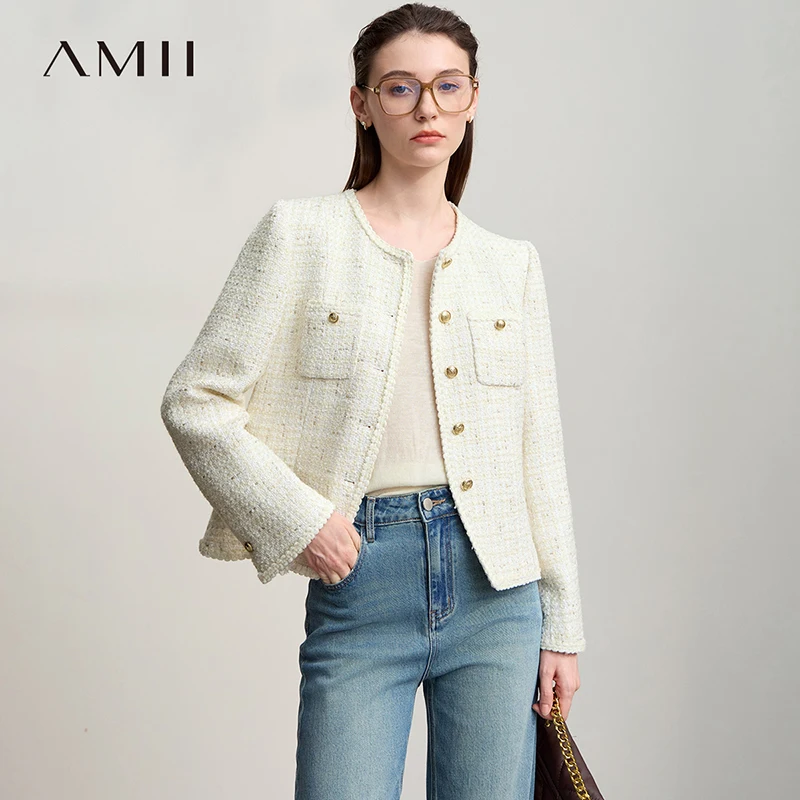

AMII Women's Jacket 2025 Autumn New Elegant Straight Women's Clothing O-neck Pockets Long Sleeves Versatile Top Female 12523029