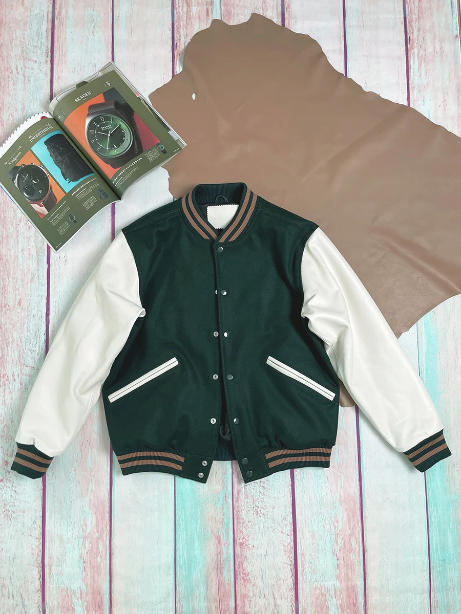 

Мужская кожаная куртка свободного кроя в американском ретро-стиле, с длинными рукавами, шерстяное пальто, повседневная байкерская куртка с рукавами из натуральной кожи