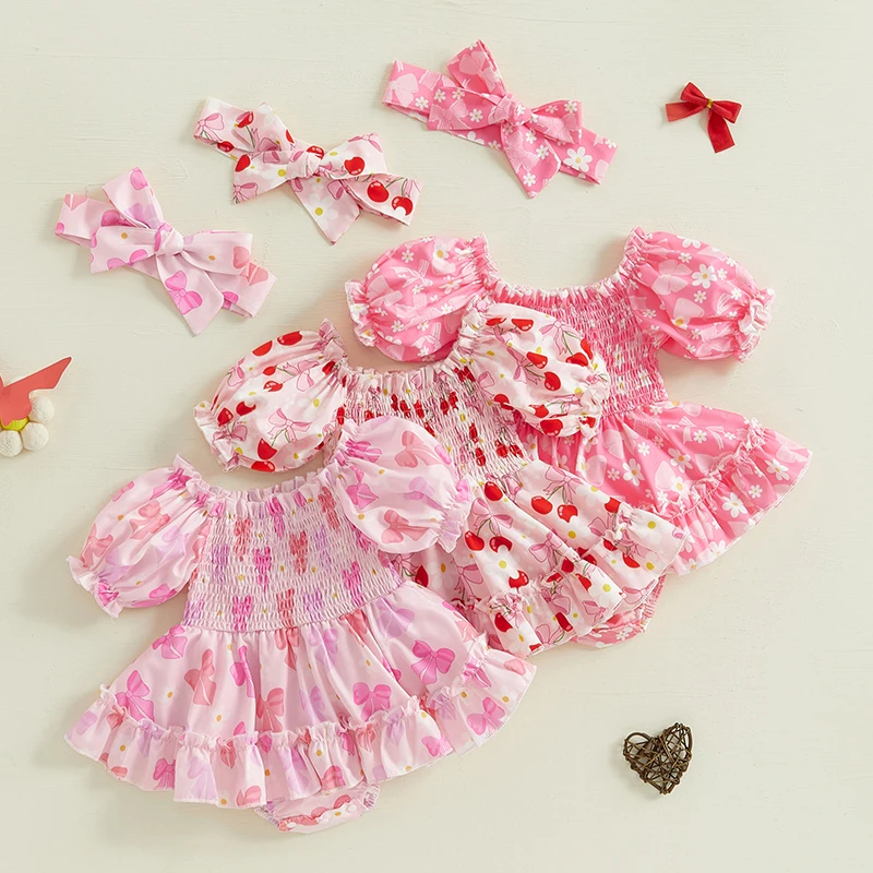 Tregren 0-18M Newborn Baby Girl Princess Romper Dress Cute Puff Sleeve Flower/Bow/Cherry Print  Infant Bodysuit with Headbands