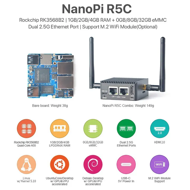 NanoPi R5C 2GB 4GB RAM 32GB eMMC RK3568B2 A55 Dual 2.5G Ethernet Port Support M.2 WiFi Module Linux/Openwrt/Debian/Ubuntu