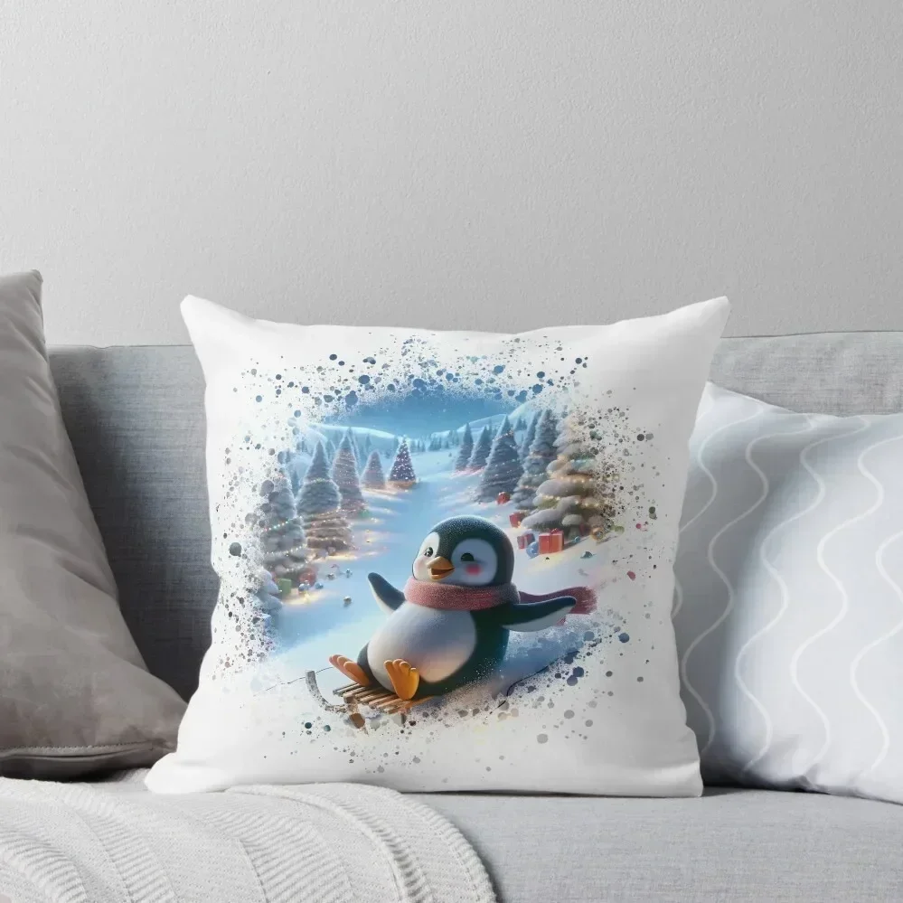 Festive Penguin sledding on a snow-covered hill Throw Pillow autumn pillowcase Decorative Cushions For Living Room pillow