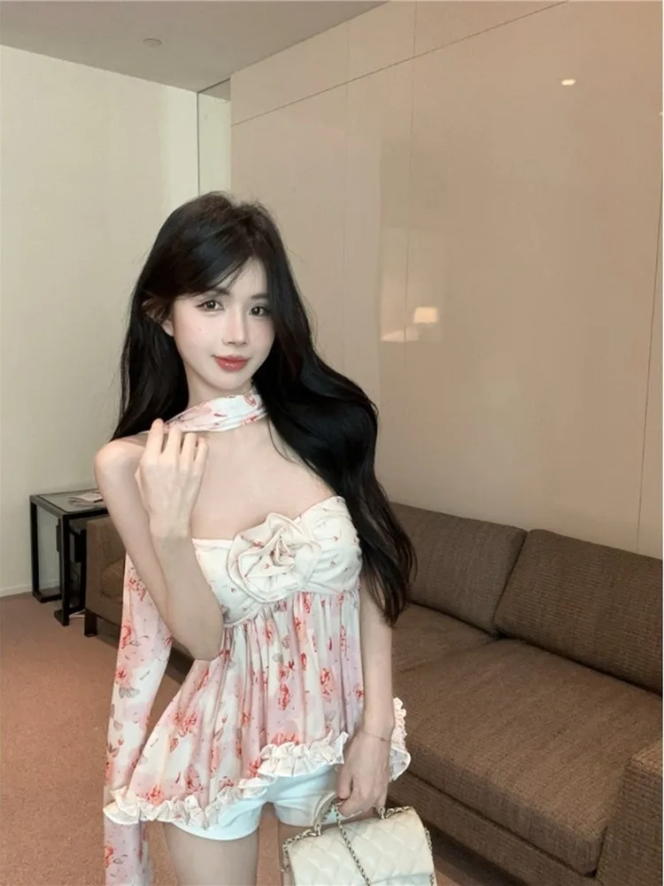 Nieregularne seksowne topy letnie koszule bluzki bez rękawów damskie kwiaty głęboki dekolt słodki kwiatowy nadruk z falbankami top z odkrytymi plecami