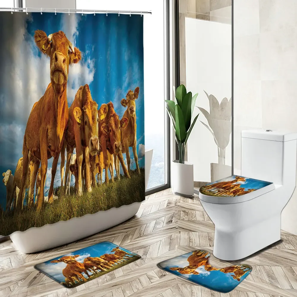 Cow Farm Scenery Shower Curtain Spring Grassland Pasture Green Plant Animal Bathroom Deco Non-Slip Rug Toilet Cover Bath Mat Set