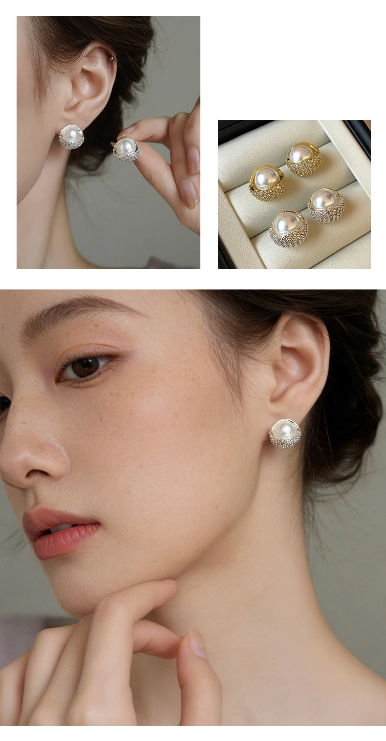 Zierliche, mit Zirkonia besetzte Imitationsperlen-Ohrstecker in Gold- und Silberfarben, runde Ohrringe für Damen, Hochzeit, Party, Alltagsschmuck. – Detail 5