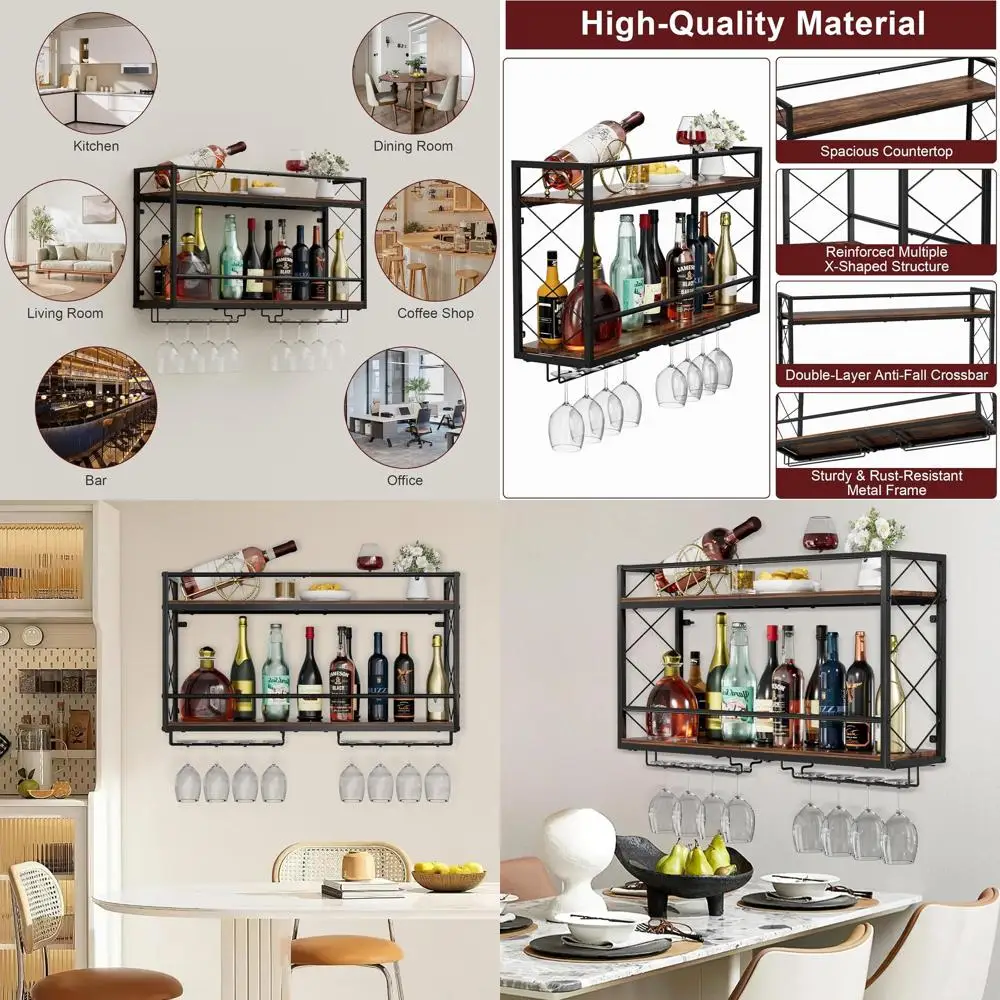 

2-Tier Wall-Mounted Wine Rack with Glass Holder, Anti-Drop Crossbar, 31.5 Metal & Wood, Black for Home, Kitchen, Dining Room, Co