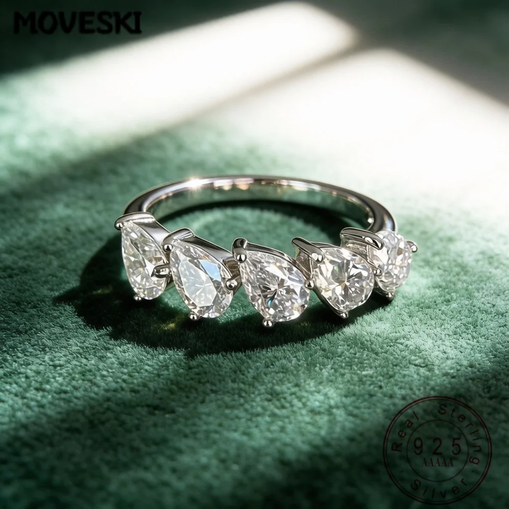 D Color VVS1 Pear Shape Moissanite Ring 925 Sterling Silver 5 Stones Exquisite High-quality Party Ring For Women