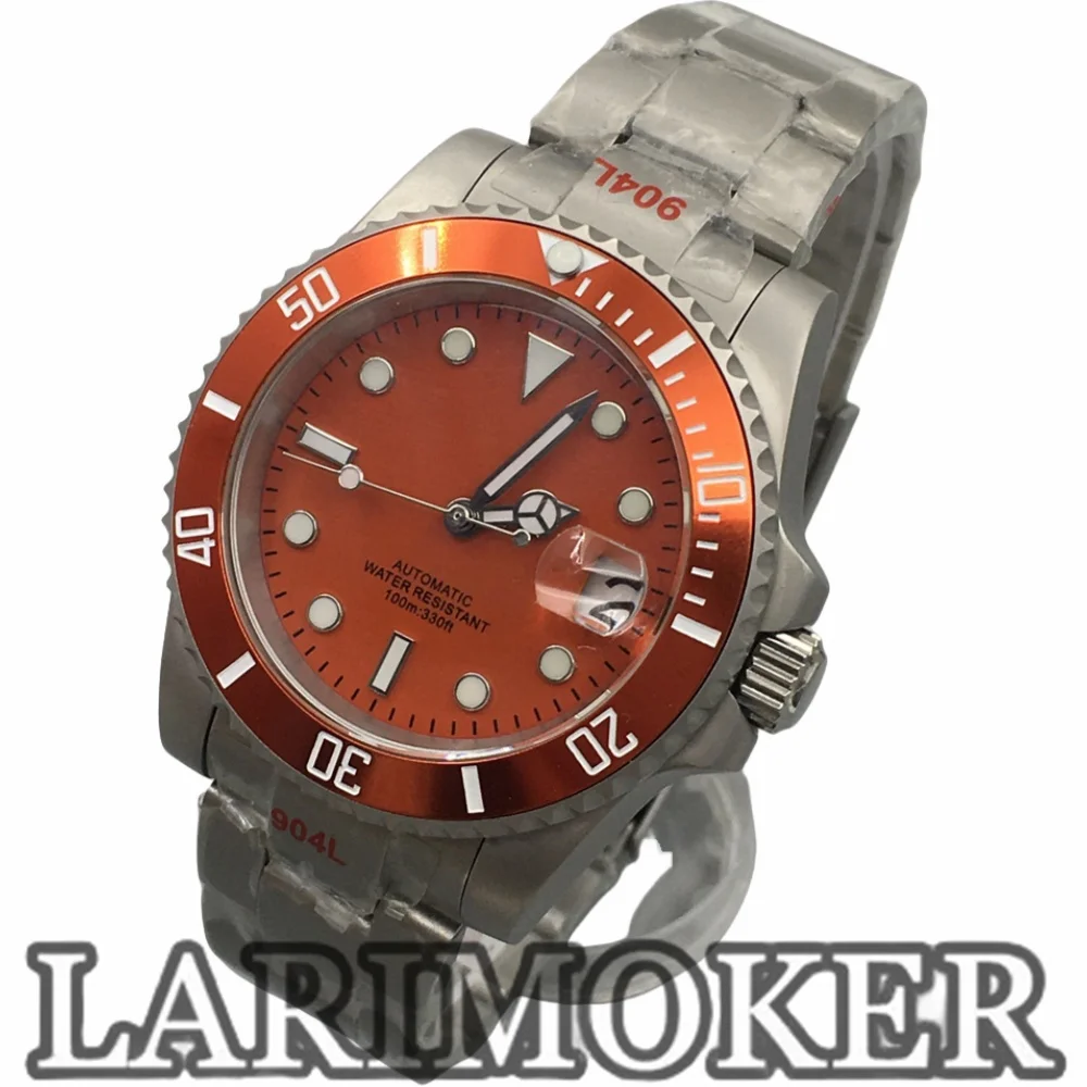 Larimoker 40.5Mm Duiken Automatische Mechanische Nh35 Pt5000 Move Heren Horloges Oranje Wijzerplaat Keramische Bezel Saffier Waterdicht Horloge