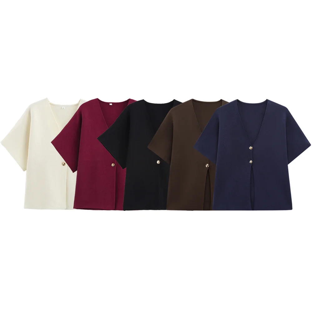

PB&ZA 2025 Women's Short - Sleeve Cardigan Set in Multiple Colors Elegant V - Neck Design with Gold Button Detailing Stylish