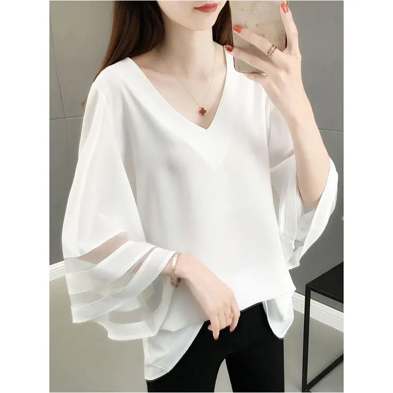 Women Summer New Style Korean Fashion Simplicity Solid Color V-neck Women Clothes Casual All-match Temperament Loose Top Tee