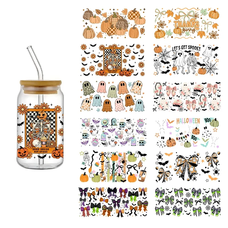 Halloween Pumpkin Ghost Theme 3D UV DTF Transfer Sticker Bow Bat Pattern DIY 16oz Libbey Glass Cup Decals Festival Decorations