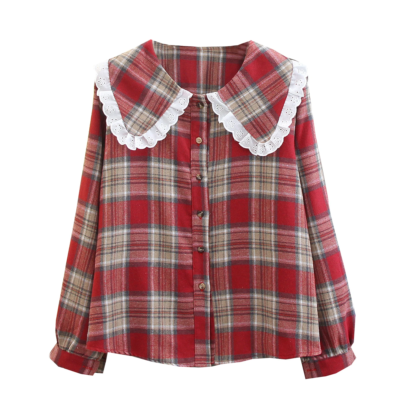 Lace Spliced Checkered Shirt Women's Long Sleeved Spring Autumn New  Loose Sweet Doll Top Classic Single Breasted Blouse