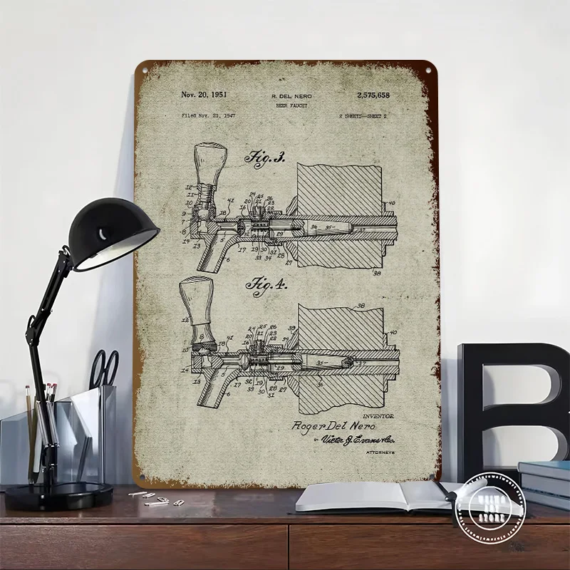 1947 Beer Faucet-Patent Tinplate Posters Customizable Wall Art Retro Vintage Metal Signs for Home Room Bar Accessories Wand Deko