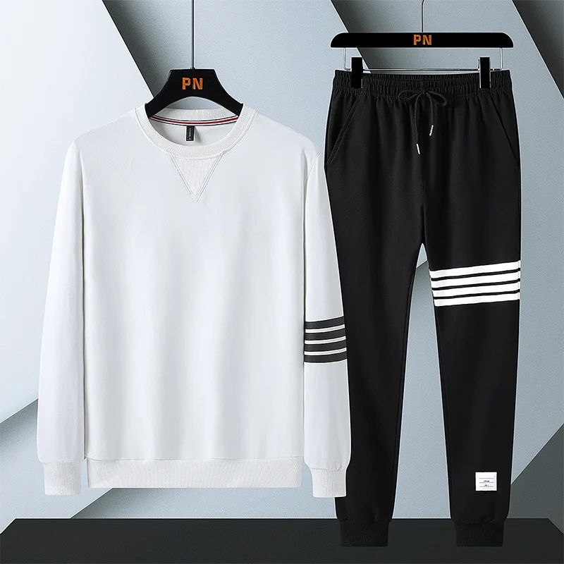 Spring and Autumn Cotton Four-Bar Round Neck Sweater Trousers Suit Youth Student Trend Sports And Leisure Two-piece Suit