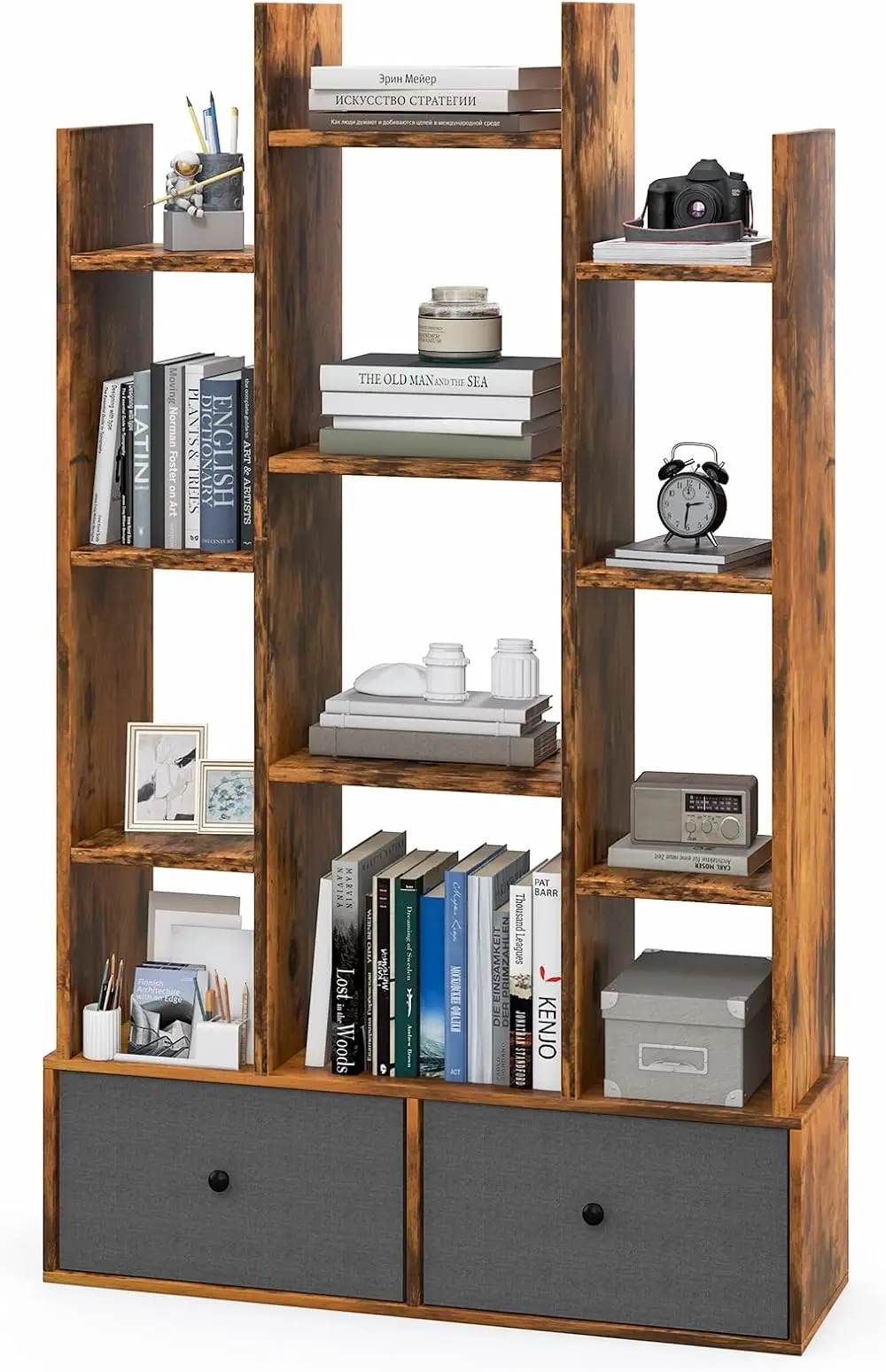 

5-Cube Bookcase with 2 Drawers - Industrial Freestanding Open Display Shelving with Anti-toppling Device, 7 Shelves, Wooden Tre