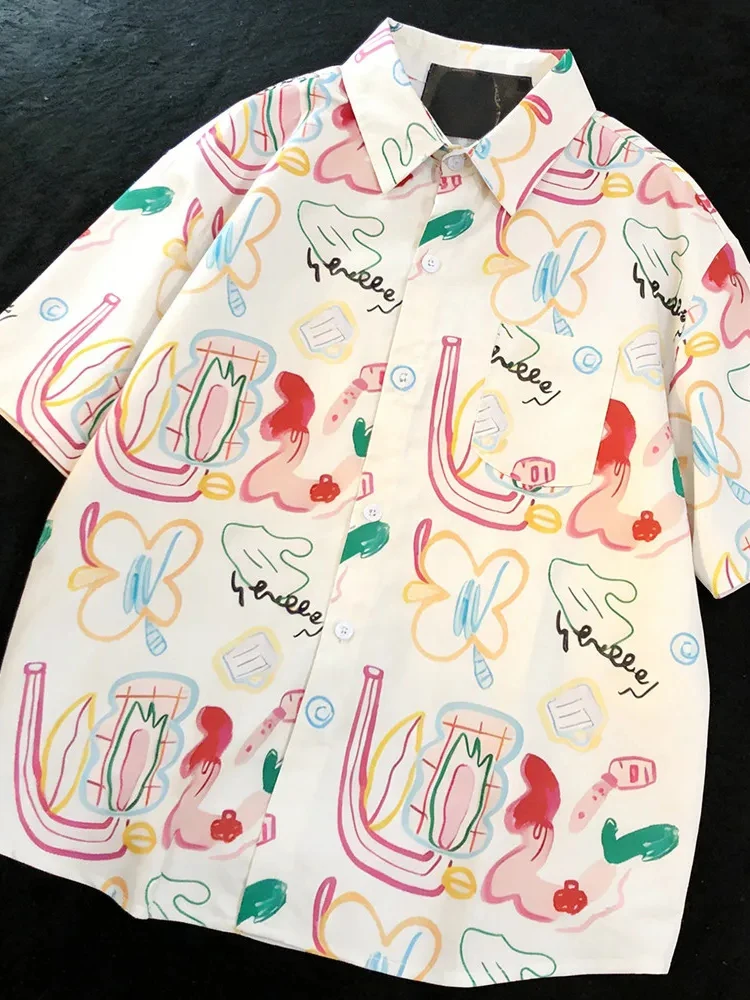 Fashion Hand Painted Cute Shirt Women Loose Summer Short Sleeve Kawaii Blouse Casual Chic Female Preppy Style Sweet Ins Tops New