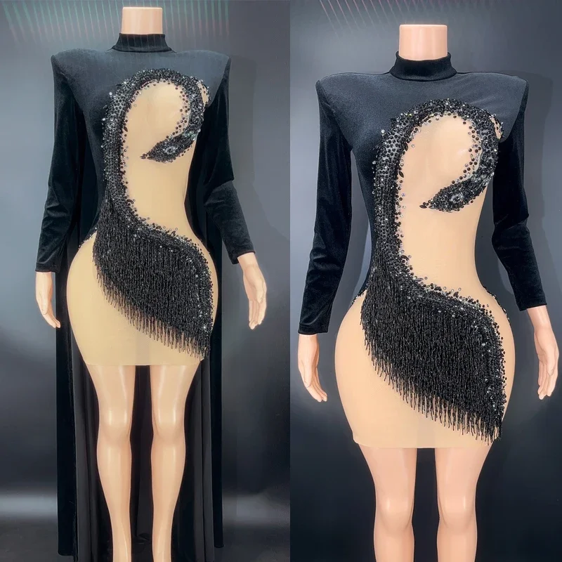 Black Velvet Rhinestone-Paneled Shoulder Pad Dress Cloak Birthday Celebrate Costume Jazz Party Dresses Stage Outfit XS4813