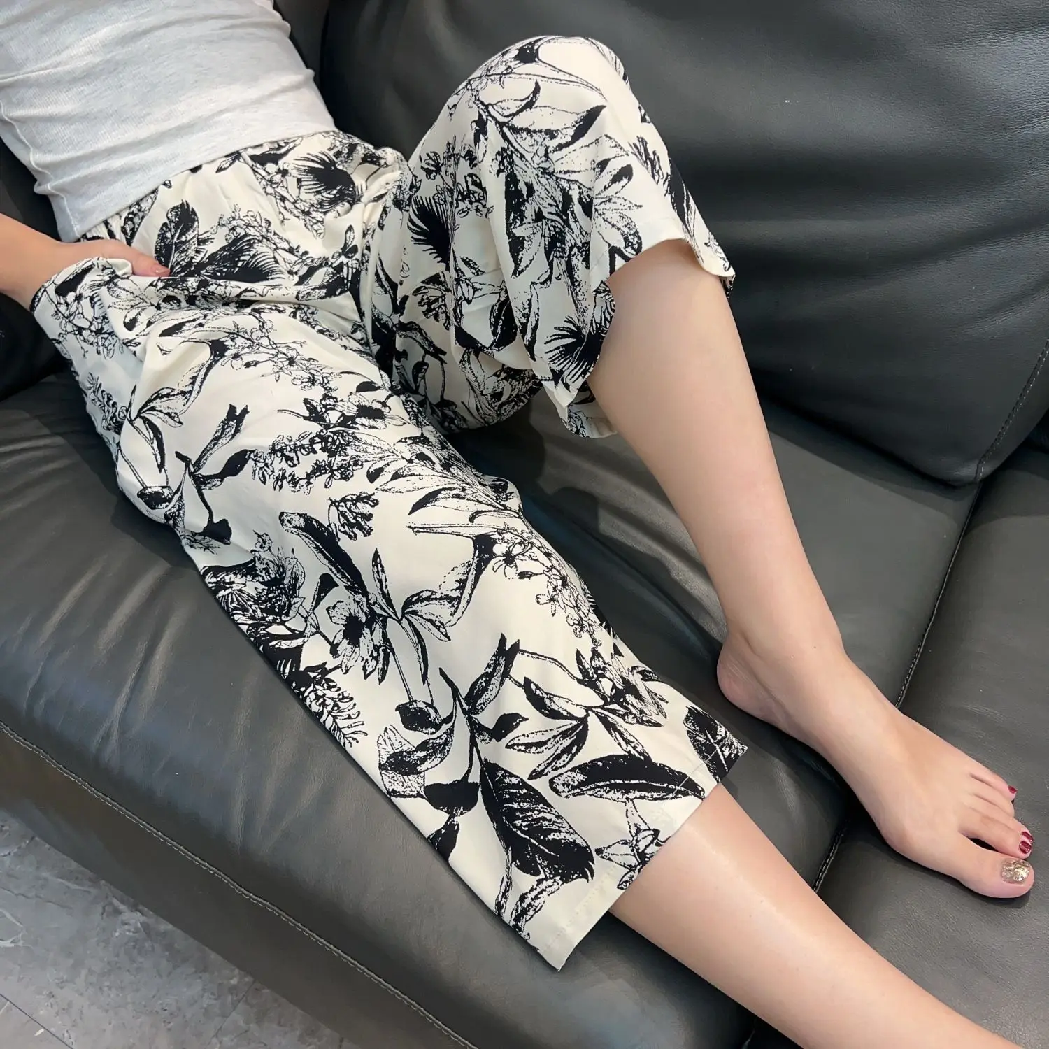 SYsYouthfully Strawberry Print Casual Sleep Pants Spring Summer Loose Beach Pants Wide-Leg Home Pants Long Thin Outside Pant