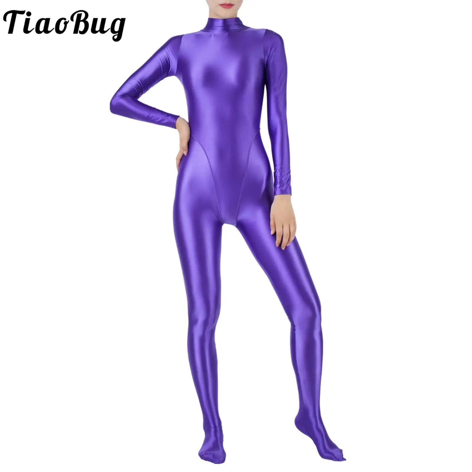 Womens Oil Glossy Jumpsuit Mock Neck Long Sleeve Full Body Bodysuit Bodystocking One Piece Swimsuit Surfing Tights Swimwear