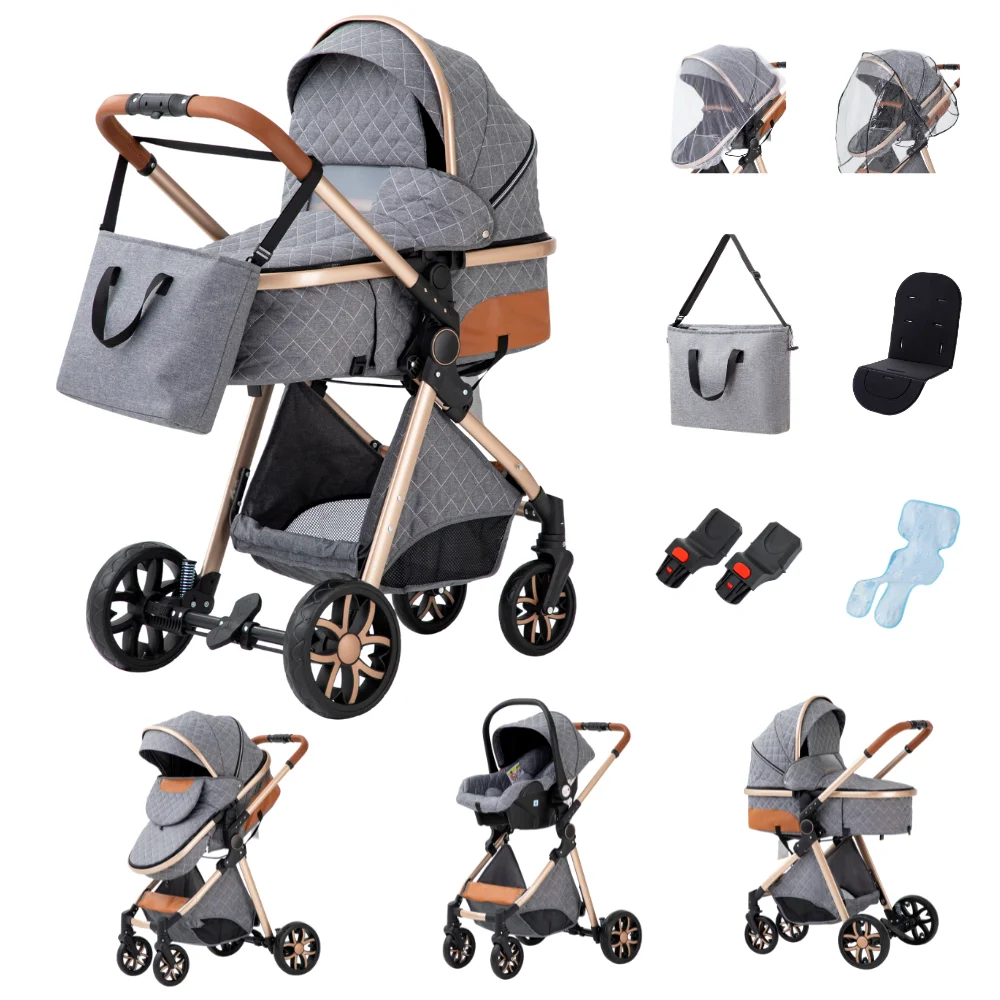3-in-1 Babywandelwagen, vierwielige kinderwagen, hoge ligging met muskietennet, opvouwbaar, schokbestendig, vierwielige kinderwagen