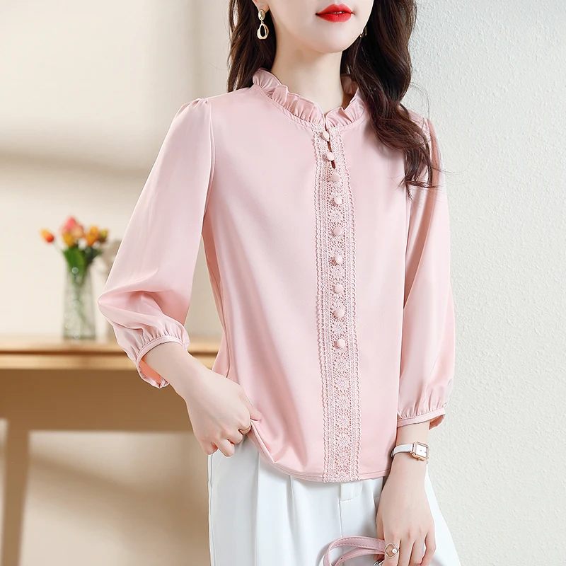 2025 Spring Summer New Women Shirt 3/4 Sleeve Elegant Ruffled Collar Slim Female Clothing Spliced Fashion Solid Lace Womens Tops