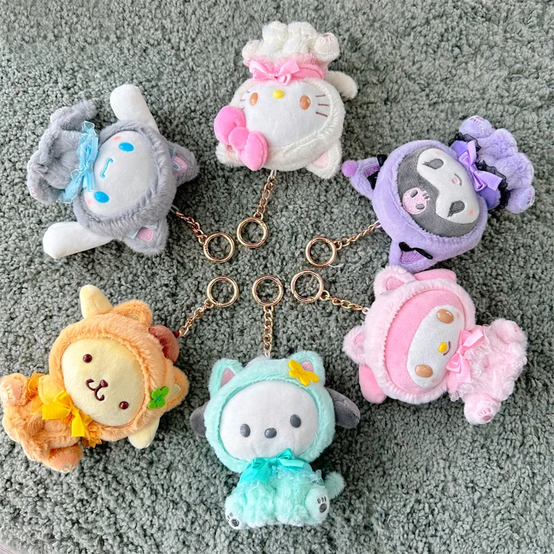 Sanrio Cat Series Plush Toy Keychain Hello Kitty Cinnamoroll Pochacco Pompompurin Kuromi Melody Cartoon Soft Doll Pendant Gift