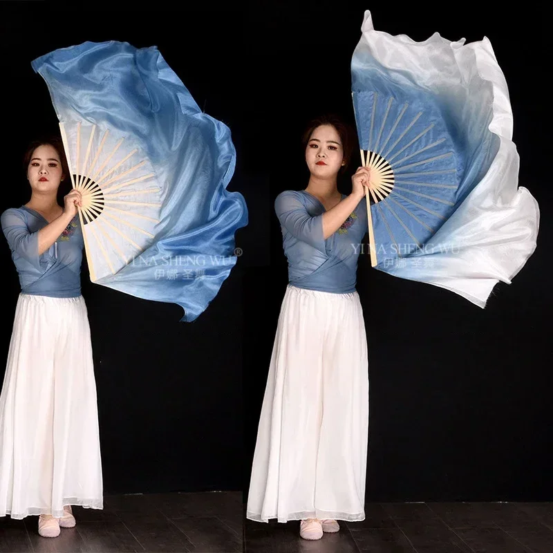 

100% Silk Dance Fan Gray Blue White Gradient Fan Children Adult Classical Dance Props Silk Fan Belly Dance 1Piece Right Hand