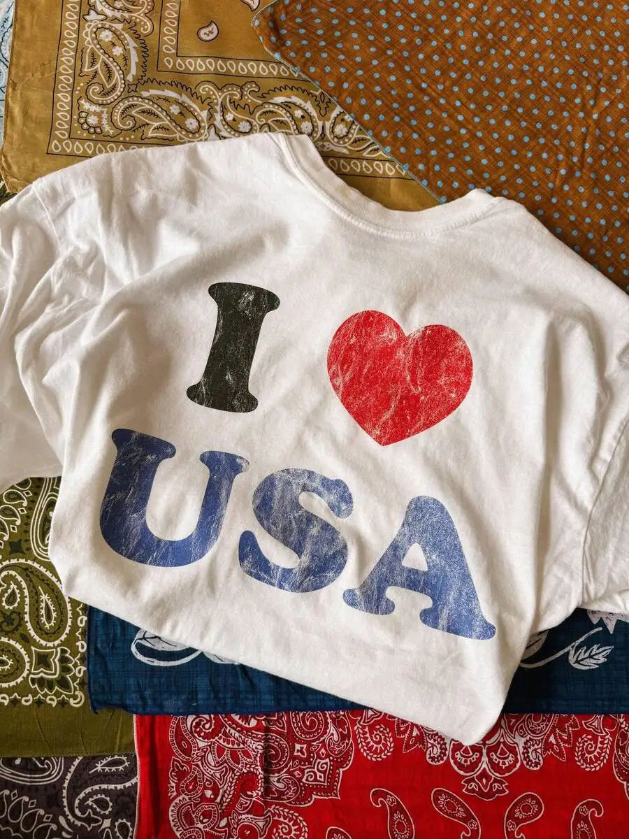 Women's I Love USA Heart Print Fall Beach Vacation Travel Casual Short Sleeve Crew Neck Graphic T‑Shirt Tee Top